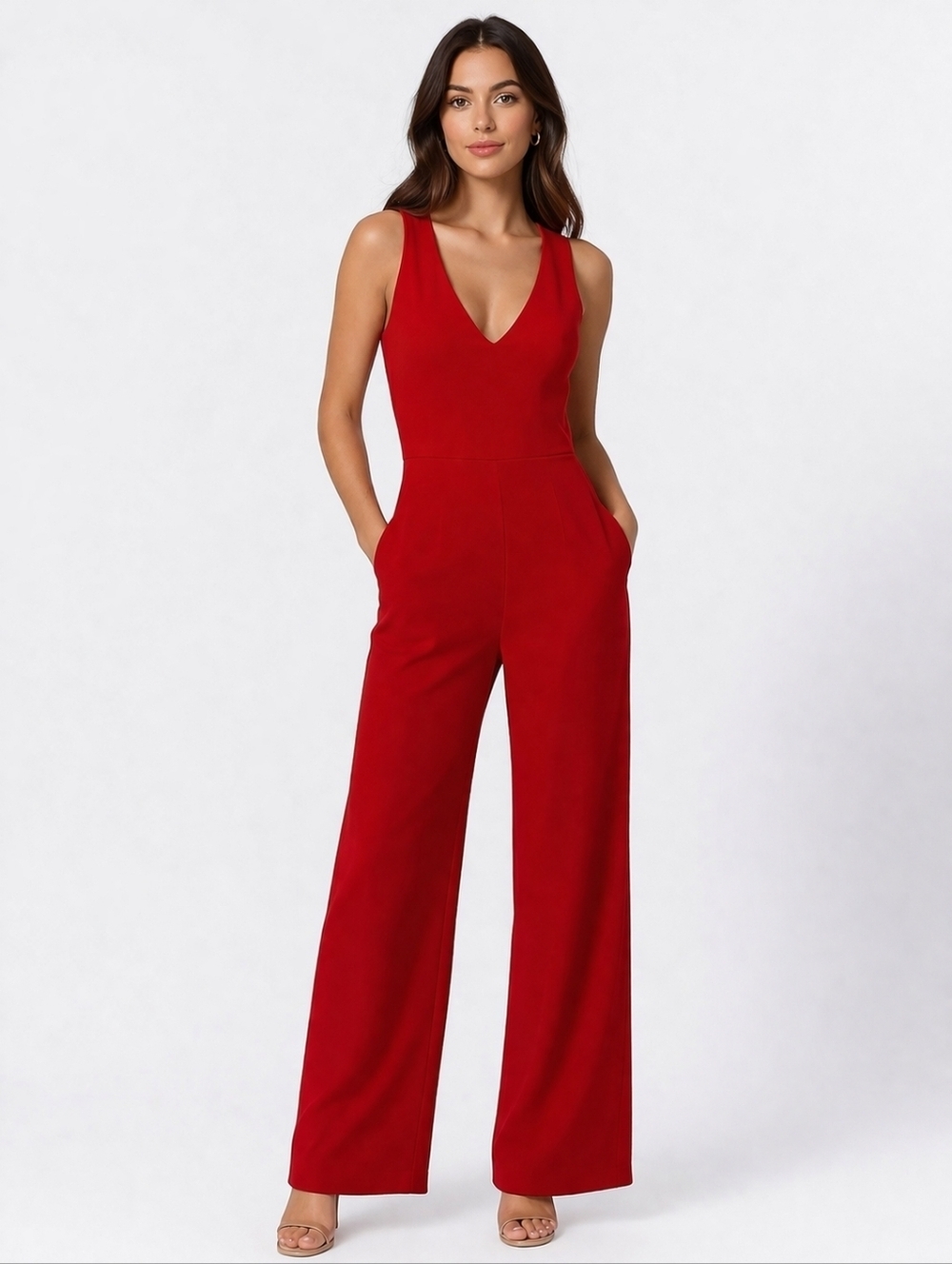 EXPRESS Red Open Crisscross Back Wide Leg Plunging Neckline Jumpsuit